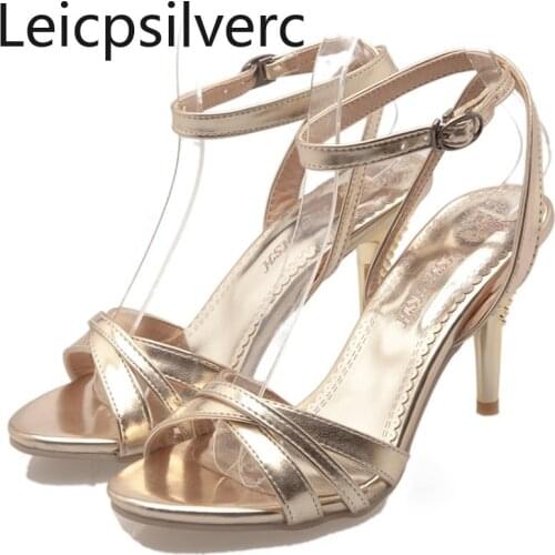 Womens Sandals Summer new style Cross ribbon Rome sexy high heel sandals women shoes Gold silver plus size 32-47