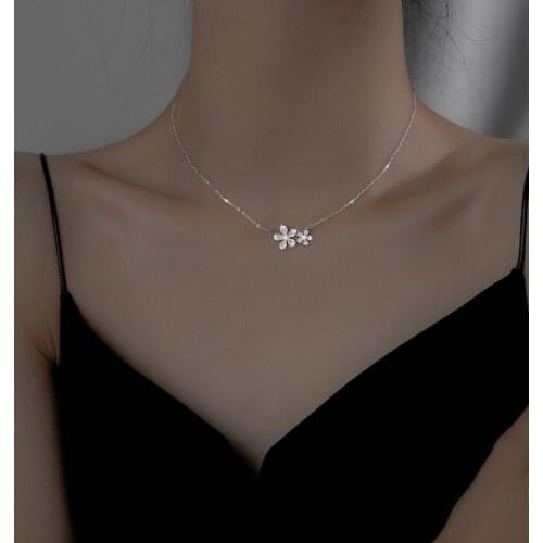 925 Sterling Silver Link Chain Crystal Flower Charm Pendant Choker Necklace For Women Statement Wedding Party Jewelry dz803