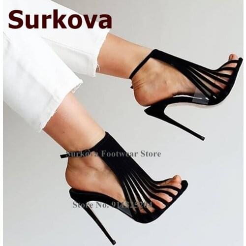 Surkova Black Suede Vertical Stripe High Heel Sandals Transparent PVC Embellished Dress Shoes Ankle Buckle Strap Gladiator Pumps