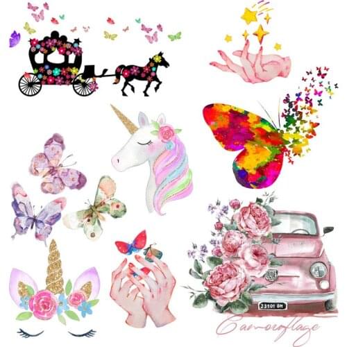 Colorful Butterfly Heat Transfer Iron On Transfer For Clothing Unicorn Patch Thermal Transfers For Clothes Flowers Hand Applique
