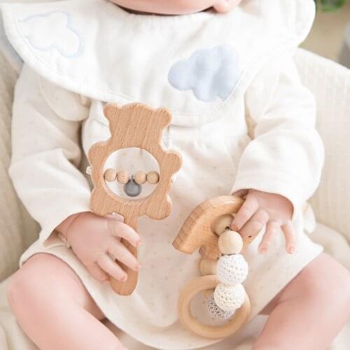 Baby Wooden Teether Toys Rattle Nursing Bracelet animal bear Musical Rattle newborn Montessori educational Stroller Toy Play Gym