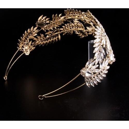 Crystal Gold Leaf Double Hairband Women Bridal Wedding Tiara Rhinestone Hair Accessories Jewelry Diadem Baroque Pageant Crown