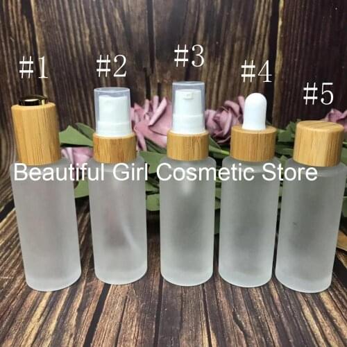 CBD hemp custom logo bamboo pump spray lotion cap cosmetic frosted glass bottle for skin care face cream 30ml 50ml 100ml 120ml