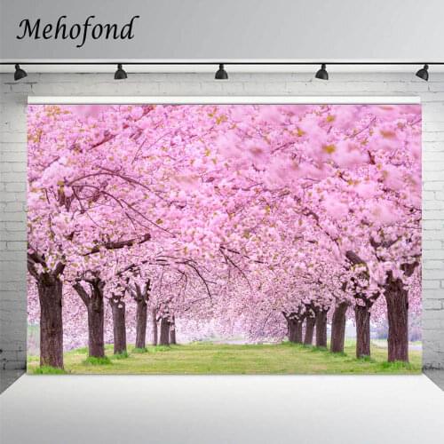 Mehofond Spring Pink Flower Backdrop Tree Path Grassland Baby Shower Birthday Party Wedding Photography Photo Studio Photophone