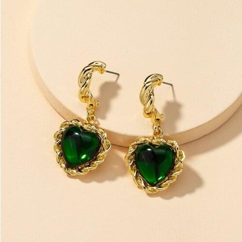 Exquisite Green Crystal Dangle Drop Earrings for Women Boho Vintage Baroque Style Heart Earring brincos Female Party Jewelry