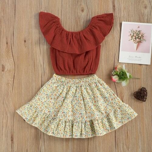 2PCS Toddler Girls Summer Outfits Sleeveless Solid Color Ruffle Crop Tops + Floral Skirt Set Kids Girl Clothes