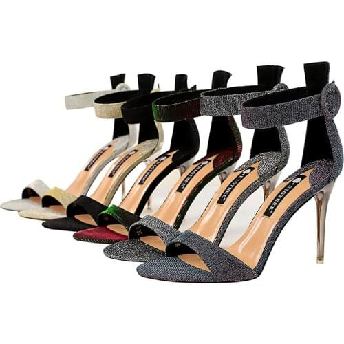 Korean fashion metallic heels with shiny one-word peep-toe womens summer sandals with small belt buckle