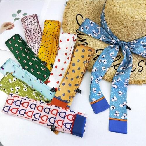 4X190cCM Korean Scarf Narrow Small Long Satin Scarf For Grils Printed Travel Hat Bag Ribbons Hair Bands Neck Belt Scarf Women