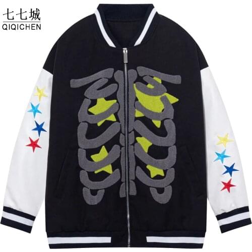 Hip Hop Baseball Jacket Men Furry Bone Skeleton Color Block Suede Bomber Jackets Japanese Harajuku Retro Varsity Coat Autumn