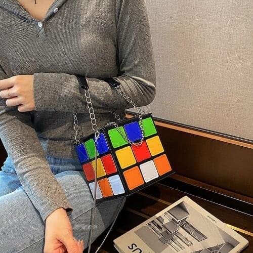 Small Handbags For Women Rubiks Cube Design Women Purse Square Handbag Mini With Metal Chain Leather Crossbody Bag