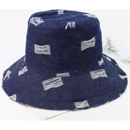 Fashion New Denim Hole Vintage Flat Top Hip Hop FishermanS Hat Foldable Outdoor Unisex Wide Brim Women Summer Hat Basin Cap