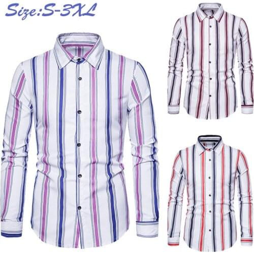 Mens Striped Shirt Long Sleeved Turn Down Collar Cardigan Shirt with Print Casual Slim Type Single Breasted Tops