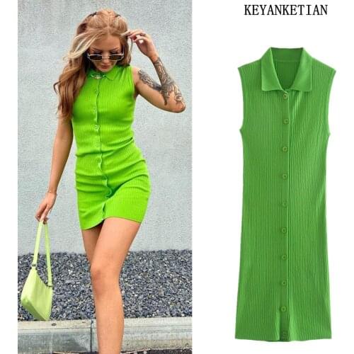 KEYANKETIAN za Sexy Polo Collar Button Mini Dress Ladies Sleeveless Elegant Club Party Holiday Spaghetti Dress Summer Outfit