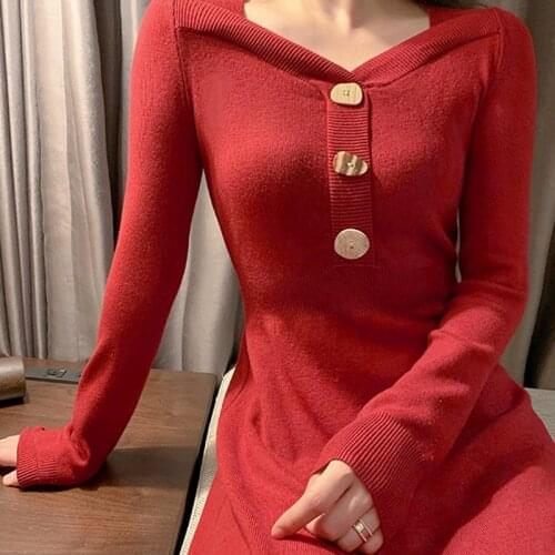 French Vintage Dress Women Solid Long Sleeve Elegant Slim Midi Office Knitted Dress Female One Piece Dress Korean Autumn 2020
