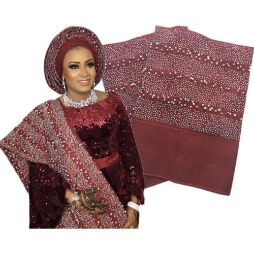 Bridal wine color African women aso oke with many stones nigeria aso oke headtie for women party wedding 30