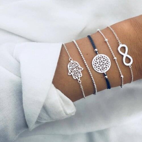 Pack of 5 bangle bracelet for women with beads and embossed palm/digit 8 design in mixed link chains
