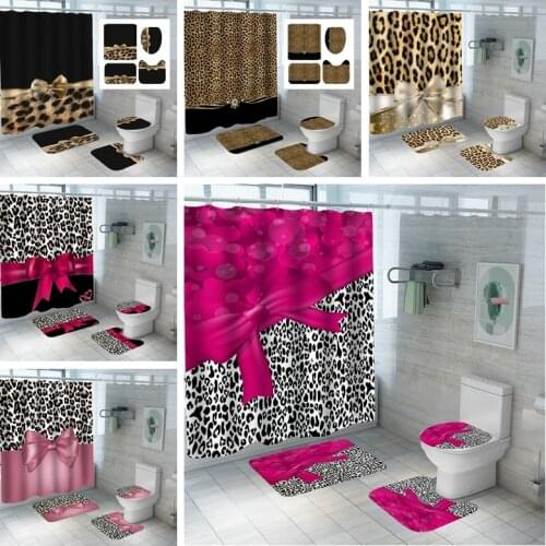 Girly Pink Red Ribbon Leopard Print Waterproof Shower Curtain Set With Cheetah Leopard Carpets 3PC Toilet Cover Bath Rug Doormat