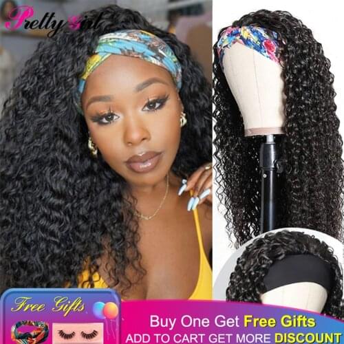 Curly Hair Headband Scarf Wig Glueless Brazilian Remy Human Hair Wigs for Women Machine Made Beginner Friendly Fit All Size Head