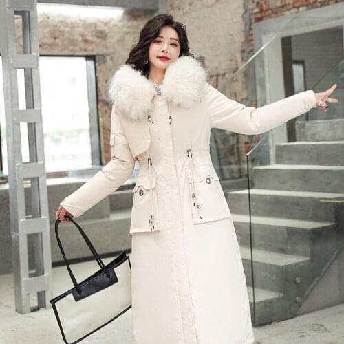 X-Long Cotton Coat Women Solid Long Sleeve Pockets Wool Liner Parka Ladies Winter Outwear Hooded Fur Collae Warm Coats JD1795