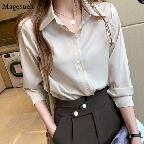 New Fashion Long Sleeve Satin Blouse Women 2021 Vintage Button Up Shirt Elegant Office Lady Casual Womens Tops and Blouses 11503