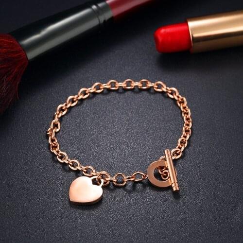 Free Custom Engraving Womens Rose Gold Color Heart Charm Bracelet in Stainless Steel