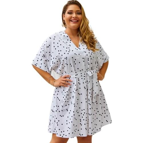 New 2021 summer plus size midi dress for women large short sleeve loose print dot green v neck dress belt white 4XL