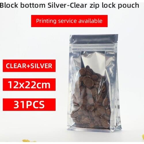 12x22cm 31pcs block bottom stand up pouch with zipper clear front aluminum foil flat bottom quad seal snacks packaging bag