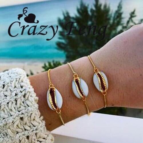 Crazy Feng Natural Cowrie Bead Shell Bracelet Jamaican Style Adjustable Chain Beach Surfer Jewelry Gold Bracelets for Women Girl