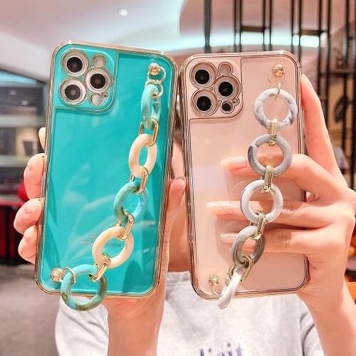 Luxury Plating Chain Wrist Strap Phone Case for IPhone 11 12 Pro Max Soft TPU Cover Coque for IPhone X XR XS 7 8 Plus 12 Mini 11