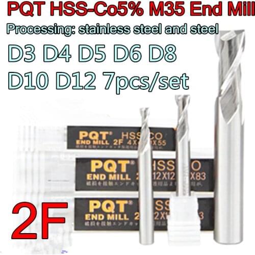 D3 D4 D5 D6 D8 D10 D12 7pcs/set PQT HSS-Co5% M35 2F End Mill Processing: stainless steel, alloy steel, etc