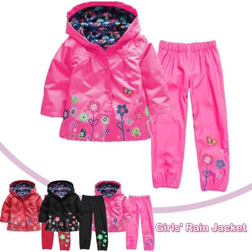 18m-5y Kids Clothes Girls Toddler Baby Girls Long Sleeve Floral Coat Rainproof Hooded Jacket Trousers Suit Ensemble Enfant Fille