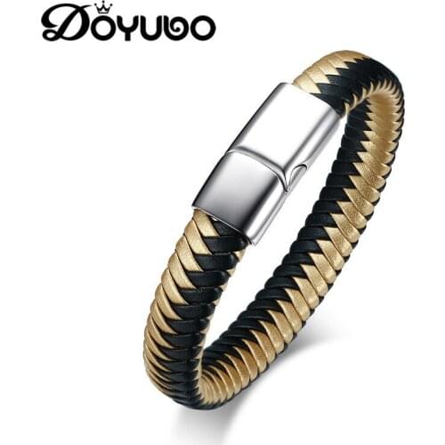 DOYUBO New Design Men Gold & Black Superfiber Leather Bracelet With Stainless Steel Toggle Punk Style Male Leather Bangles DD059