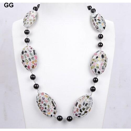 GuaiGuai Jewelry Natural Red Round Garnet Multi Color Tourmaline Chips Bead Necklace 23"