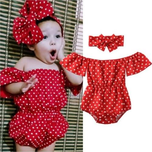 Baby Bodysuit 0-24M Newborn Baby Girls Bodysuits Headband Off Shoulder Red Polka Dot Print Jumpsuit 2PCS Outfits Clothes