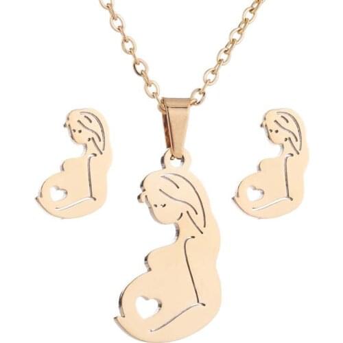 AsJerlya Pregnant Women Mother Jewelry Set Necklace Earrings Simple Golden Color For Mam Mothers-to-be Gift On Mothers Day