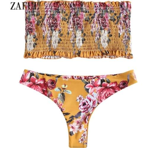 ZAFUL Smocked Bikini Ruffles Swimwear Women Swimsuit Sexy Low Waisted Floral Strapless Bandeau Bikini Thong Biquni Bathing Suit