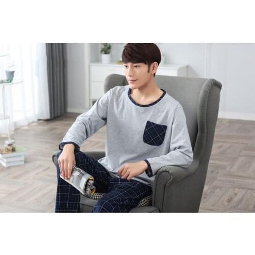 2021 no brand fashion men shipping cloth 100%cotton o-neck collar long grey coat and blue plaid pants free shipping