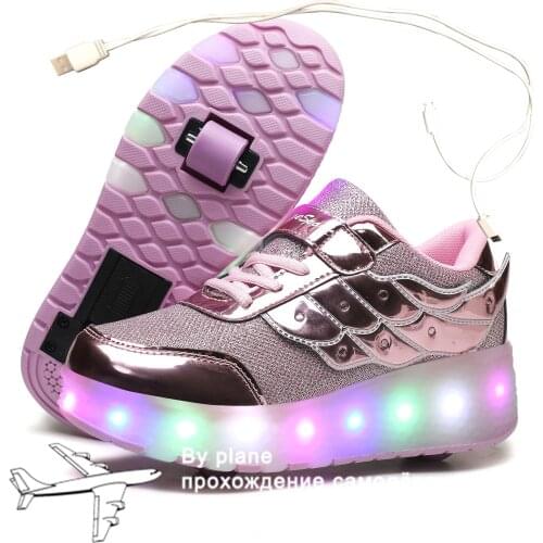 2020 New Glowing Sneakers on Wheels USB Charging Luminous Shoes Wheels LED Flashing Double Wheels Roller Skates Size 27-40