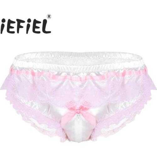New Arrival Sexy Mens Sissy Soft Satin Lingerie Ruffled Floral Lace Zipper Crotch High Cut Briefs Underwear Triangle Panties