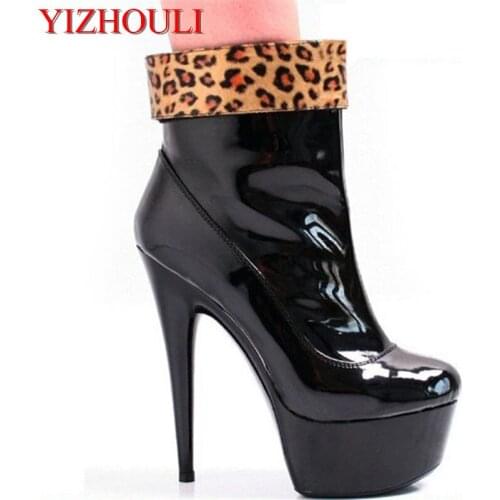 Sexy leopard-print black patent leather seduced models with short boots, 15cm high heels and dancing shoes