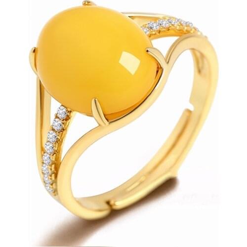 Luxury 925 Sterling Silver Ring Inlaid With Amber Beeswax Ring For Woman Jewelry Gift