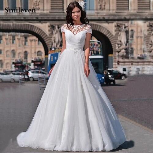 Smileven Tulle Wedding Dresses A Line Cap Sleeve Lace Bridal Dresses Sexy Vestido De Noiva Appliqued Lace Corset Wedding Gowns