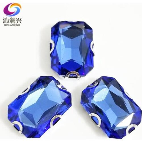 Light blue Rectangle octagonal shape Glass Crystal sew on Anti hook D shape claw rhinestones,Diy Clothing accessories SWCD11