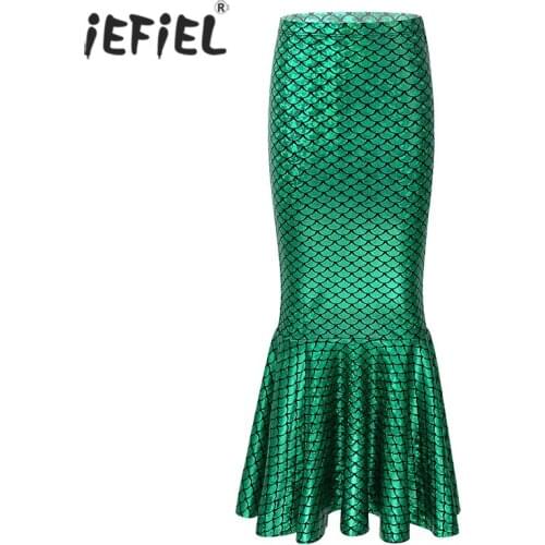 Girls Fish Scale Printed Mermaid Skirt Halloween Cosplay Mermaid Costume Maxi Skirts Anime Mermaid Green Long Skirts