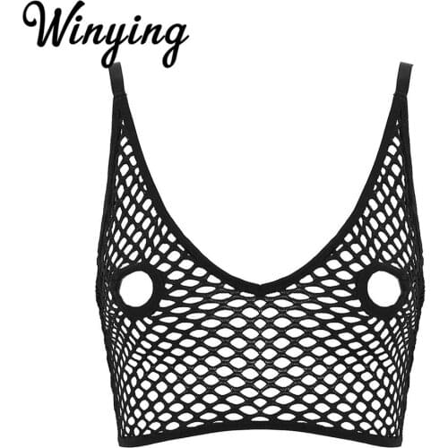 Women Black Sheer Netted Sexy Lingerie Erotic Tops Adjustable Straps Open Cups Nipples Hollow Bra Crop Top Underwear Nightwear