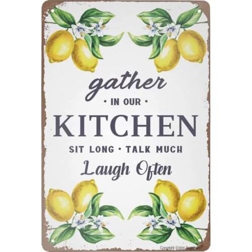 Angeloken Retro Tin Sign Vintage Metal Sign Gather in Our Kitchen Sit Long Talk Much Laugh Often Wall Poster Plaque