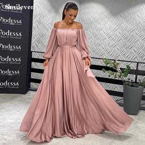 Smileven Elegant Pink Prom Dresses Bishop Sleeves High Slit Satin Evening Dresses Light Elegant Long Party Gowns