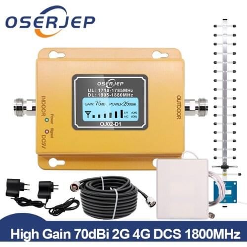 GSM LTE 1800 LCD 70dB 2g 4g Cell Phone Signal Repeater DCS 1800MHz Mobile Amplifier GSM Signal Booster + Yagi /Panel Antenna