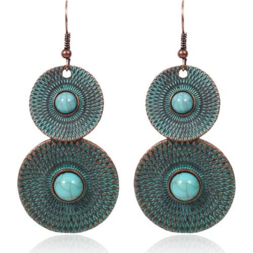 HC Vintage Blue Color Metal Earrings Women Ethnic Jewelry Antique Blue Stone Girl Gift Earrings Bohemian Round Drop Earrings F