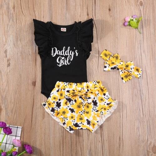 Cute Lovely Summer New Baby Girls Clothing Set Daddy Girl Flower Print Sweet Ruffle Bodysuit+Shorts+Headband Toddler Outfits